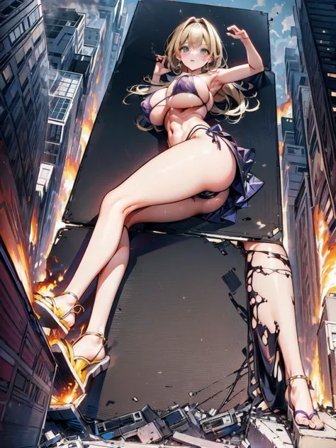 Giantess, long sexy legs, yellow hair, bikini, lying on the ground, city at her feet burns in flames for the destruction she has caused, tiny people climb on her body to try to defeat her uselessly. Giantess, goddess, macrophilia, curvaceous body, hentai, ...