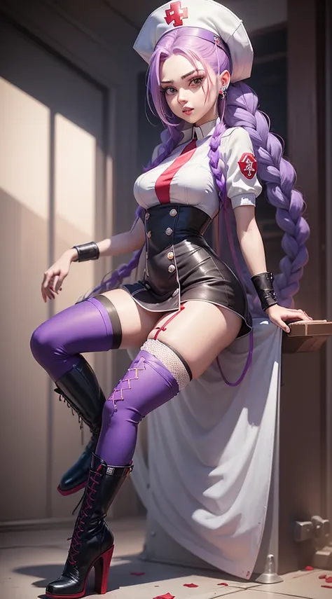 Jinx Nurse，Nurse Hat，(White nurse costume)，Red rose tattoo，Blue twisted braid，With a machine gun，League of Legends ，Full Body Esbian，(knee-high boots)),purple rosin mesh leggings),(stand on one&#39;s feet)，The background is the city street，There is a feeli...