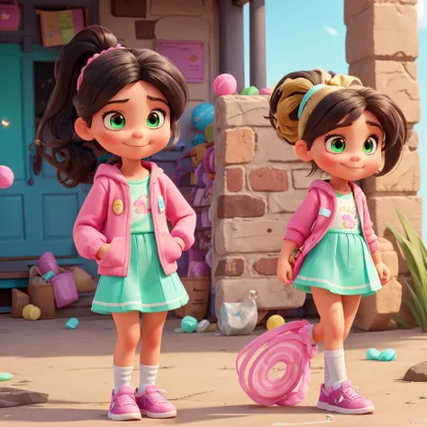 
   - **Clothes**: Vanellope wears a mint green hoodie with pink laces and a small front pocket. She wears a brown skirt with a candy border. She also has pink and white striped tights., and black shoes with pink laces.
   - **Hair**: He has black hair, ti...