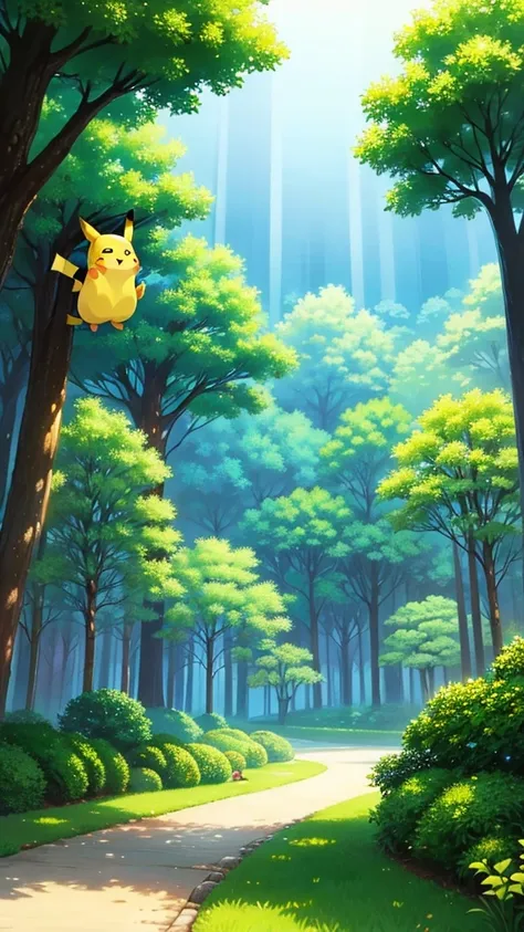 Studio Ghibli-inspired art style、Draw Pikachu in a landscape。The background is a lush forest、wood々A soft light shines through the、It creates a fantastic atmosphere。Pikachu is slightly deformed.、The characters are drawn with soft lines and warm colors, just...