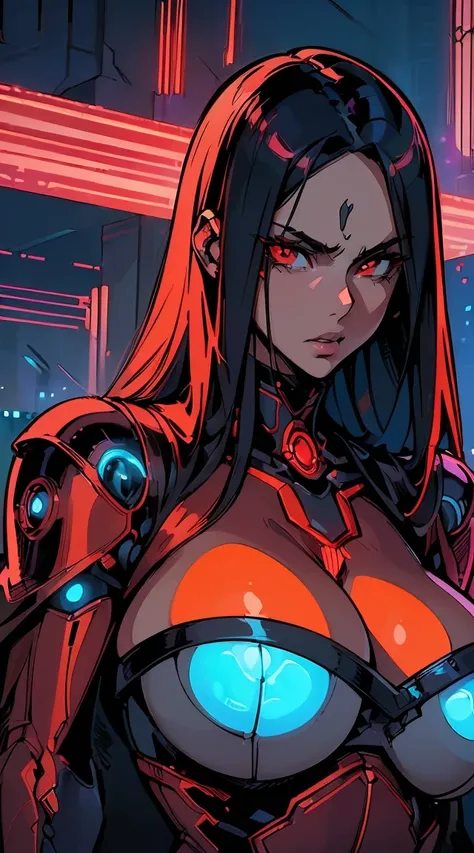 (best quality,ultra-detailed,realistic:1.37),woman cyborg,red eyes,evil,anime,huge ,sleek metallic body,expressionless face,glowing circuits,enormous energy blade,mechanical limbs,dystopian city backdrop,neon lights reflection,dark and ominous atmosphere, ...