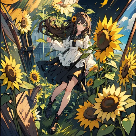 kawaii, anime, Cute, hyper quality, highly detailed, 16k, Front facing, Clarity, full body, one girl, girl, brown long hair, green eyes, sunflower, countless sunflowers, surrounded by sunflowers, Trapped inside a Van Gogh painting, ephemeral, paint, paint,...