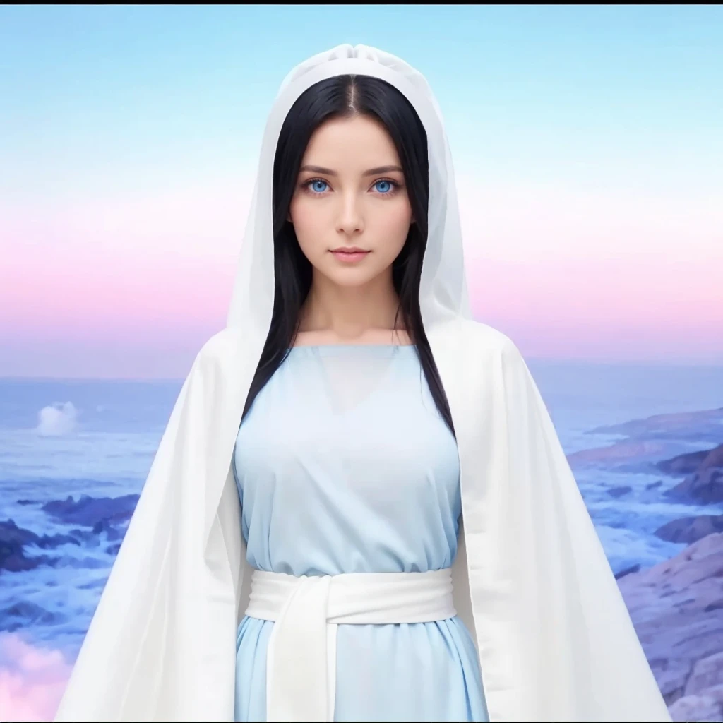 Beautiful 35 year old woman, clear blue eyes, Long black hair, wearing a blue tunic with wide, long sleeves adjusted at the waist by a white sash, and a white veil. Perfect full body 