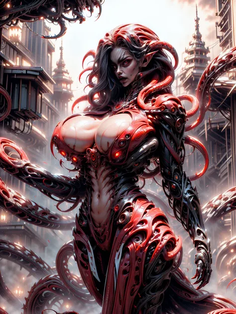 (beautiful girl:1.25), (megan fox:1.25), (young bodybuilder girl wearing cybernetic muscle suit:1.25), (medusa head with tentacles:1.25), carnage muscular physique, seductive face, mouth wide open carnage style, long red hair, perfect muscular body, super ...