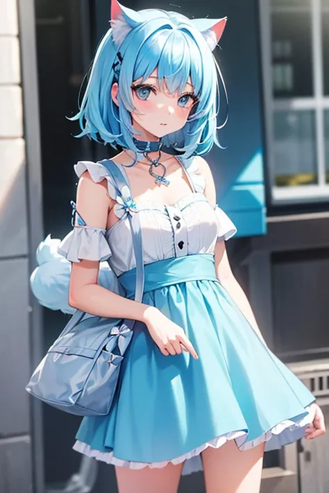 a girl living in the near future,she has light blue hair（pastel colored hair）,her hair is like a cat&#39;s,wearing headphones,wi...