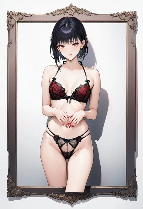 ((Top quality, masterpiece, freak, super resolution)), 1 girl, Japanese model,16 years old,Smooth black hair,Create an image of a lingerie set featuring a bra and G-string panties. The bra is a halter-neck design with a front lace-up detail. It features a ...