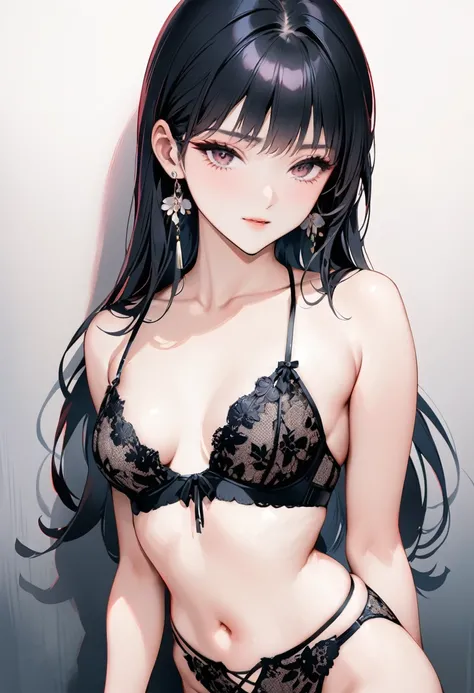 ((Top quality, masterpiece, freak, super resolution)), 1 girl, Japanese model,16 years old,Smooth black hair,Create an image of a lingerie set featuring a bra and G-string panties. The bra is a halter-neck design with a front lace-up detail. It features a ...