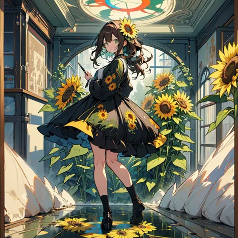 kawaii, anime, Cute, hyper quality, highly detailed, 16k, Front facing, Clarity, full body, one girl, girl, brown long hair, green eyes, sunflower, countless sunflowers, surrounded by sunflowers, Trapped inside a Van Gogh painting, ephemeral, paint, paint,...