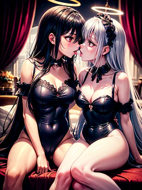 Highest quality,Highest Resolution,A beautiful black-haired girl with beautiful eyes in a maid leotard and a beautiful purple-haired girl with beautiful red eyes in a gothic lolita leotard are having sex in the sitting position,kiss,saliva,Halo,