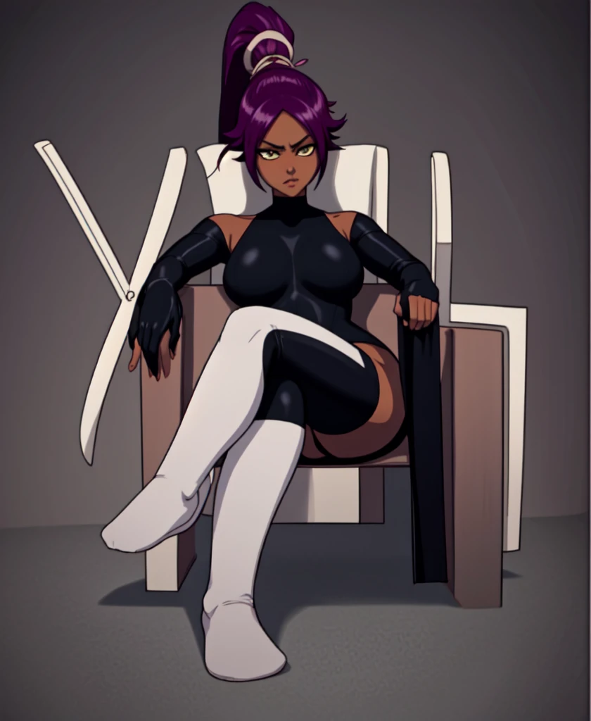 1girl, sofa, sitting, legs crossed, bodysuit, black bodysuit, bare arms, bare shoulders, (large breasts:1.2), yoruichi shihouin, dark skin, dark-skinned female, ponytail, purple hair, yellow eyes, (black leotard:1.4), thighhighs, full body, ((Leg Crossing ...