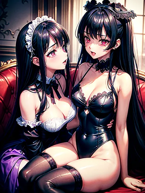 Highest quality,Highest Resolution,A beautiful black-haired girl with beautiful eyes in a maid leotard and a beautiful purple-haired girl with beautiful red eyes in a gothic lolita leotard are having sex in the sitting position,kiss,saliva,Halo,Tears,