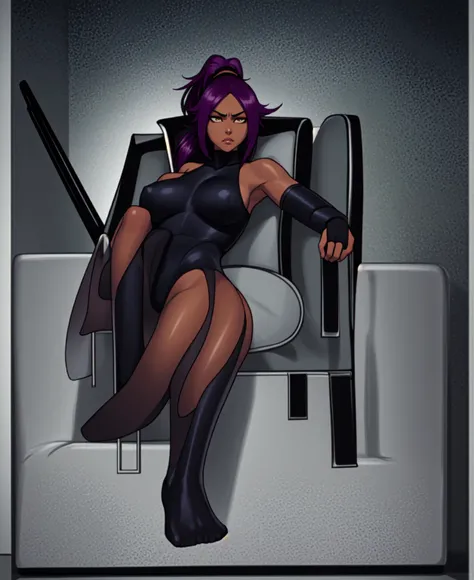 1girl, sofa, sitting, legs crossed, bodysuit, black bodysuit, bare arms, bare shoulders, (large breasts:1.2), yoruichi shihouin, dark skin, dark-skinned female, ponytail, purple hair, yellow eyes, (black leotard:1.4), thighhighs, full body, ((Leg Crossing ...