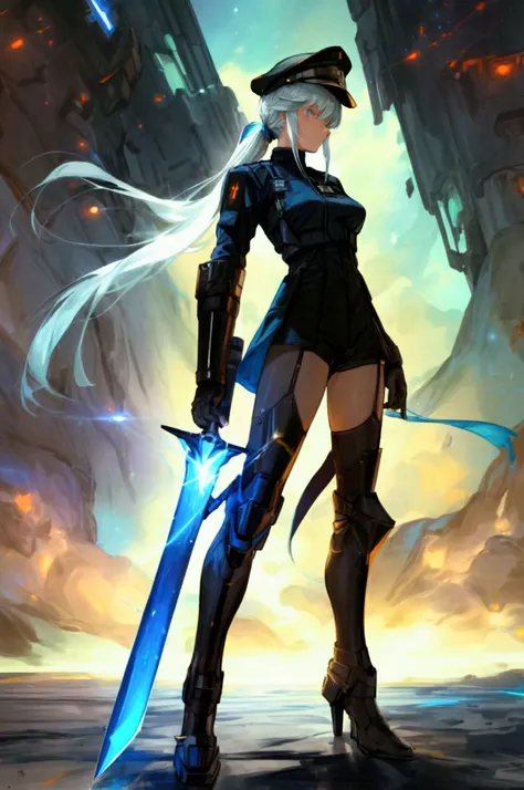 ((science fiction space fantasy)), A badass tall woman, an art of a female character standing amidst a galactic battlefront, (A female commander), ((a leader of a fleet of intergalactic armies)), White high ponytail with a glowing light blue highlights at ...