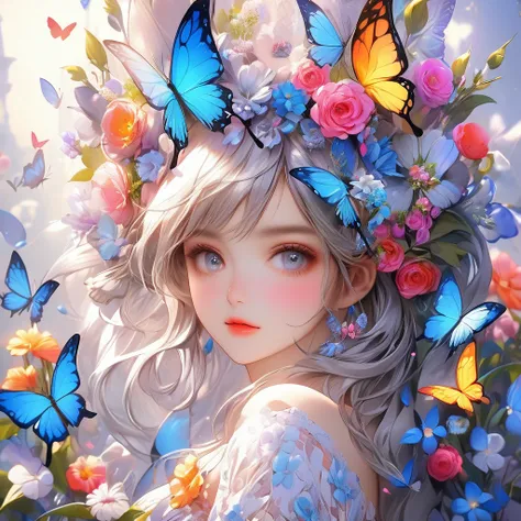 RAW Photos:1.2, masterpiece, highest quality, 16k, Unbelievably absurd, Very detailed, Perfect beauty, Beautiful cute girl, butterfly, Flowers, Vibrant colors, 