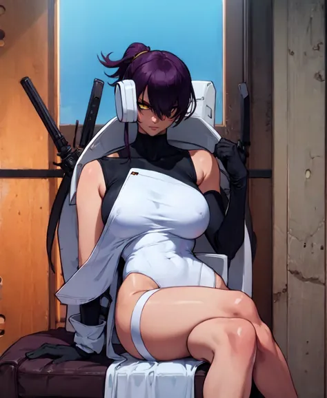 1girl, sofa, sitting, legs crossed, bodysuit, black bodysuit, bare arms, bare shoulders, (large breasts:1.2), yoruichi shihouin, dark skin, dark-skinned female, ponytail, purple hair, yellow eyes, (black leotard:1.4), thighhighs, full body, ((Leg Crossing ...