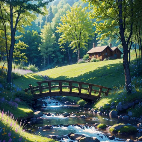 A small, cozy cottage set in a meadow full of colorful wildflowers, with green rolling hills and a babbling brook nearby. A wooden bridge crosses the brook, with sunbeams filtering through the trees and birds flying in the sky. The atmosphere is warm, invi...