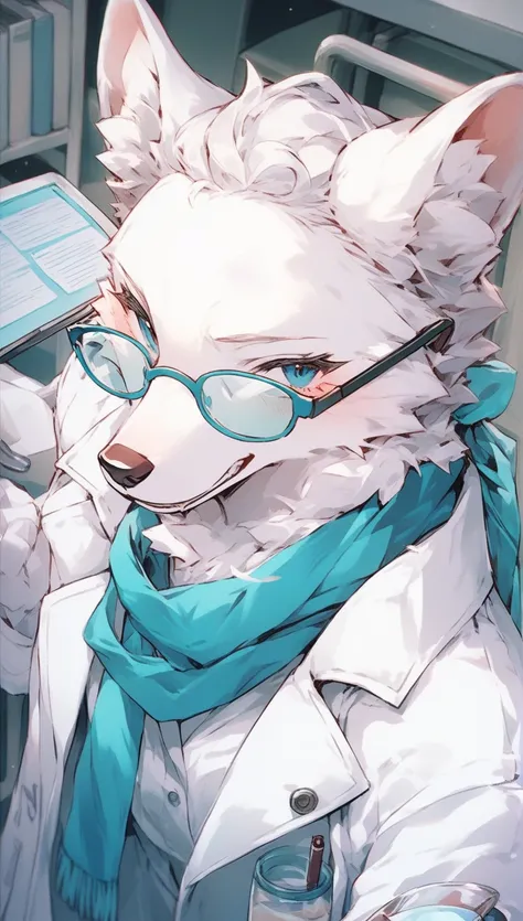 score_9,score_8,score_7,score_8_up,score_7_up、Anime character with arctic fox ears wearing lab coat and blue scarf,arctic fox，Fluffy blue fur and blue tail,Wear half-rimmed glasses,Arctic fox beauty in lab coat,  Fox scientist，inside the lab, professional ...