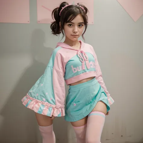 **Appearance**: Clothing**: Vanellope wears a mint green hoodie with pink laces and a small front pocket. She wears a brown skirt with a candy border. She also has pink and white striped tights, and black shoes with pink laces. - **Hair**: She has black ha...