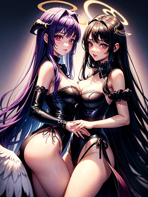 Highest quality,Highest Resolution,A beautiful black-haired girl with beautiful eyes in a maid leotard and a beautiful purple-haired girl with beautiful red eyes in a gothic lolita leotard are having sex in the cowgirl position.,kiss,saliva,(((Halo))),Tear...