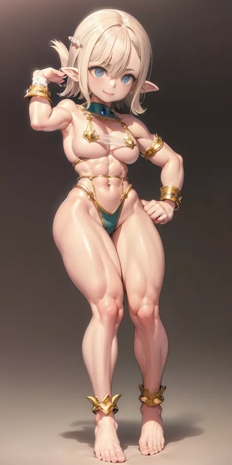 Scenary: Plain background Character: Solo Female elf smile mouth closed: Body, full body toe to head: Tall and slim with an hourglass figure Toned and muscular physique Slender abs Perfect anatomy (hands on hips, good hands, best hands) shackles wristbands...