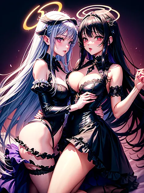 Highest quality,Highest Resolution,A beautiful black-haired girl with beautiful white eyes in a maid leotard and a beautiful purple-haired girl with beautiful red eyes in a gothic lolita leotard are having sex in the cowgirl position.,kiss,saliva,(((Halo))...