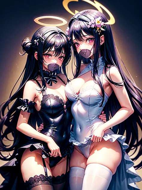 Highest quality,Highest Resolution,A beautiful black-haired girl with beautiful white eyes in a maid leotard and a beautiful purple-haired girl with beautiful red eyes in a gothic lolita leotard are having sex in the cowgirl position.,kiss,saliva,(((Halo))...