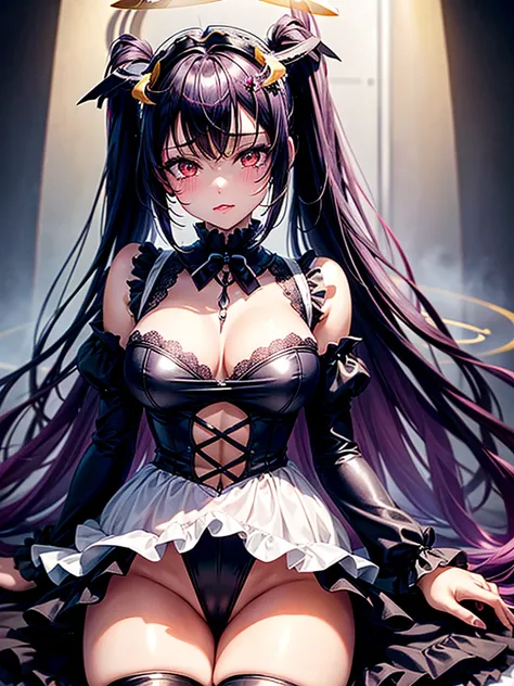 Highest quality,Highest Resolution,A beautiful black-haired girl with beautiful white eyes in a maid leotard and a beautiful purple-haired girl with beautiful red eyes in a gothic lolita leotard are having sex in the cowgirl position.,kiss,saliva,(((Halo))...