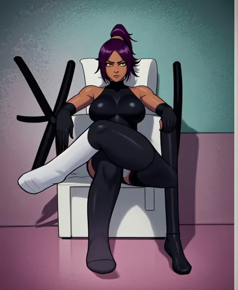 1girl, sofa, sitting, legs crossed, bodysuit, black bodysuit, bare arms, bare shoulders, (large breasts:1.2), yoruichi shihouin, dark skin, dark-skinned female, ponytail, purple hair, yellow eyes, (black leotard:1.4), thighhighs, full body, ((Leg Crossing ...