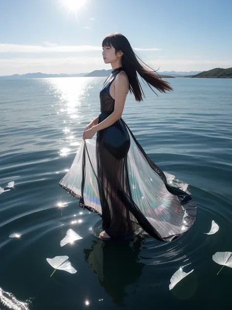 A dress made of transparent vinyl fluttering in the wind, a Japanese woman, a land of water,