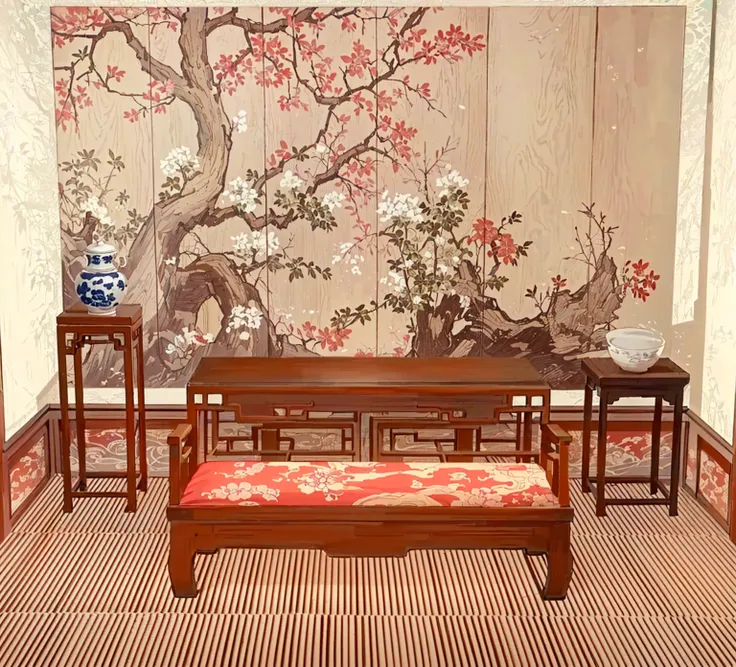 there is a room with a table, bench, there is a painting hanging on the wall, exquisite furniture, inspired by xie shichen, orie...