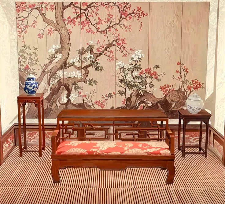 there is a room with a table, bench, there is a painting hanging on the wall, exquisite furniture, inspired by xie shichen, orie...