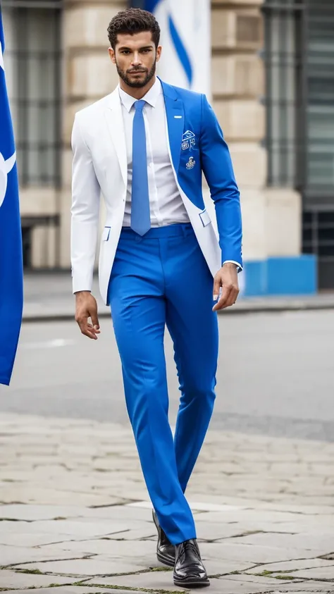 Brazilian federation mens uniform for the Paris 2024 Olympics, for muscular men, tight, with touches of tailoring, super thin waist