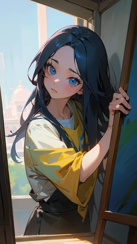 garoto de アニメ com um pincel e uma placa de pintura na frente de uma janela, pintado em estúdio de pintor de アニメ, realistic painting of beautiful girl, lindo retrato de アニメ, アニメ. soft lighting, detailed painting 4k, estilo de realismo de アニメ, estilo de arte...