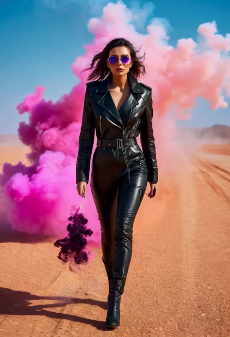 Beautiful woman in leather clothes walking through the desert, Neon and triangles, With various smoke, There is colorful smoke all around., Unconventional persons, Futuristic Desert, Miscellaneous details