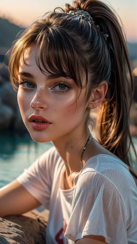 (masterpiece:1.2), (photorealistic:1.2), (best quality),((realistic:1.3)), (detailed skin:1.3), (intricate details), 1girl, dramatic, quality,realistic lighting, ponytail, small breasts,1girl,aalisa, long hair, blunt_bangs, brown hair, grey eyes, smile,loo...