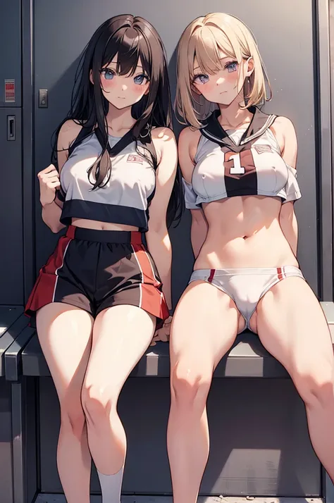 2girls, breasts ,nsfw, shirts lift, small breasts, nipples, , , white volleyball uniform, sleeveless, shorts, Tight clothes, thighs,, 17years old, locker room  , {{{masterpiece}}}, {{{best quality}}}, {{ultra-detailed}}, {illustration}, {{an extremely deli...