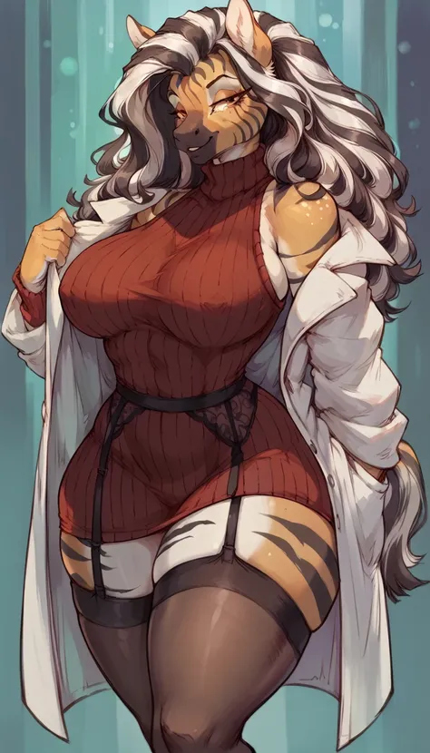  female anthro zebra ,Brown long fluffy hair, fluffy hair, zebra, big breasts, attractive, sweater dress, sleeveless, lab coat, bare legs, garter belt tights, thicc body, thicc body, thicc, freckles, freckles on face, neutral expression, smug eyes, she is ...