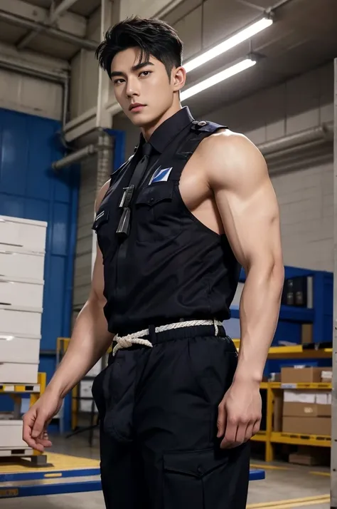 1 handsome asian guy，27岁policeman，arafed male police 官 in  walking down a hallway, , wearing a sexy police outfit ,  kinky polic...