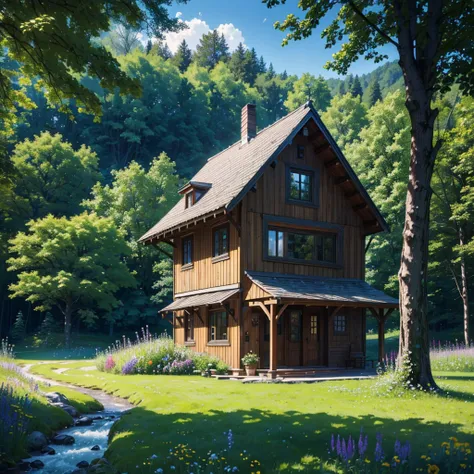 A charming wooden cottage in a meadow of wildflowers, with rolling hills and lush green grass in the distance. A babbling brook flows under a rustic wooden bridge, with sunlight streaming through the trees. Birds fly overhead, enhancing the warm and inviti...