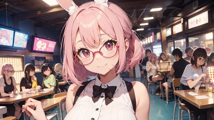 solo,whole body,Standing position right,Light pink hair,Bob Hair,Red Glasses,Bunny girl,Bingo Games,smile,Big Breasts,cute