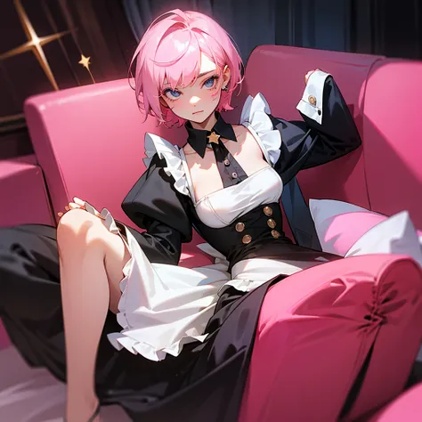 A girl of about 19 years old with short pink hair down to her neck and a star on her cheek., a beautiful black maid outfit and a living room background 