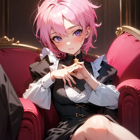 A girl of about 19 years old with short pink hair down to her neck and a star on her cheek., a beautiful black maid outfit and a living room background 