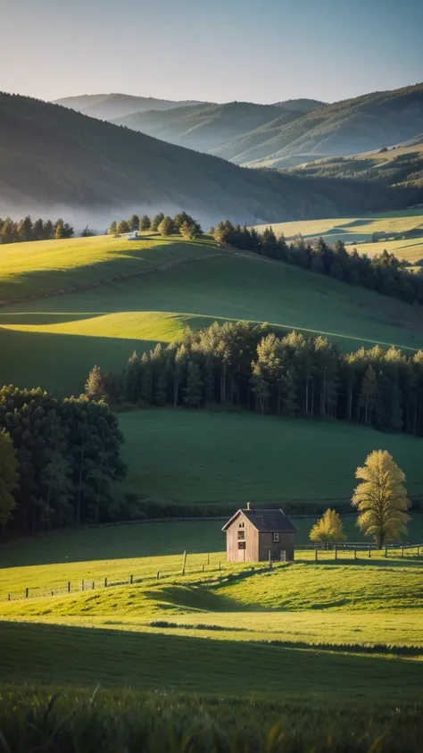 Simple and beautiful rural landscape with a small house 