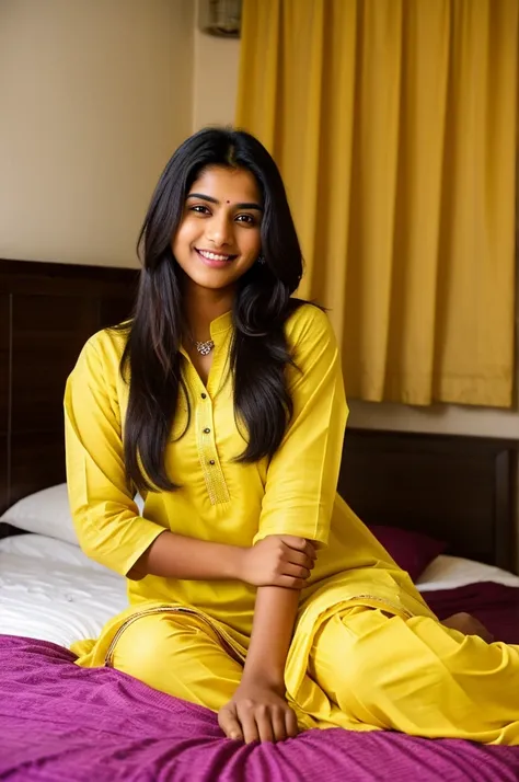 beautiful cute young attractive indian teenage girl, light smile, Til 18 years old, cute, wearing salwar yellow kurta Instagram model, long black hair, colorful hair, dacing in home, bedroom undian,Indian
