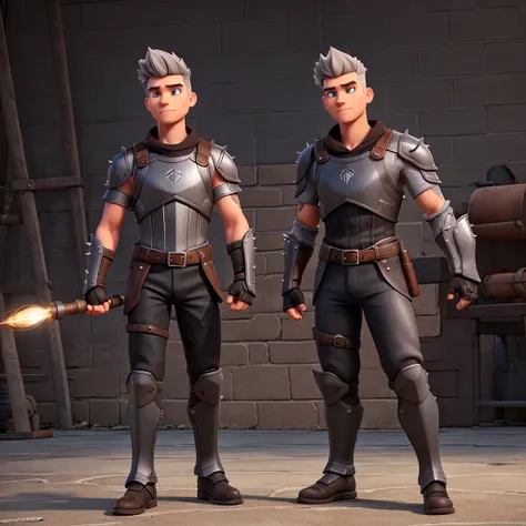 ten mens, gris, brawny, light leather armor, black spiky hair, left arm prosthesis, Mediovale, forst