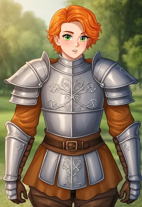 A ginger haired and green eyed boy from the medieval times, in peasant like clothes or knight armour