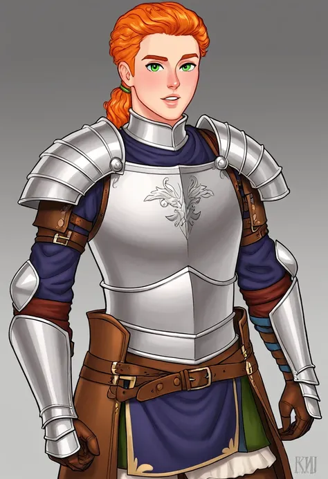 A ginger haired and green eyed boy from the medieval times, in peasant like clothes or knight armour