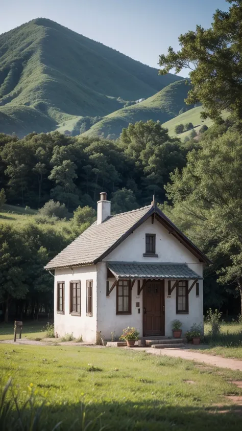 Simple and beautiful rural landscape with a small house, antiga