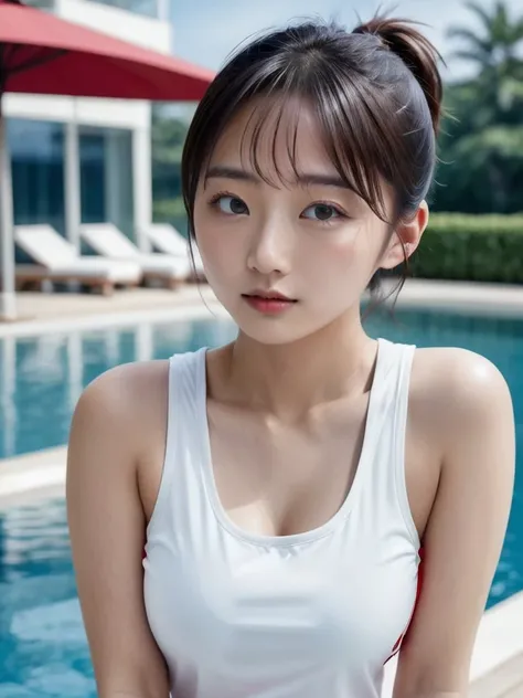 Super high-quality realistic photo of a young Asian beauty, lifeguard, wearing a white vest and red sports shorts, with the hotels infinity swimming pool in the background.