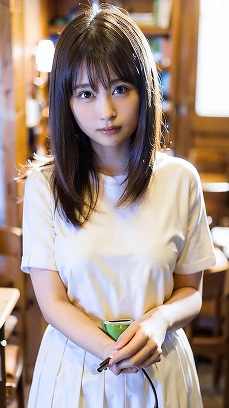 Photo-realistic quality、A woman in a white blouse is holding a golf club, Japanese girls uniform, Cute school girl, Realistic young gravure idol, Young and cute gravure idol, High school girl posing, Surreal , Young and skinny gravure idol,Girl wearing sho...